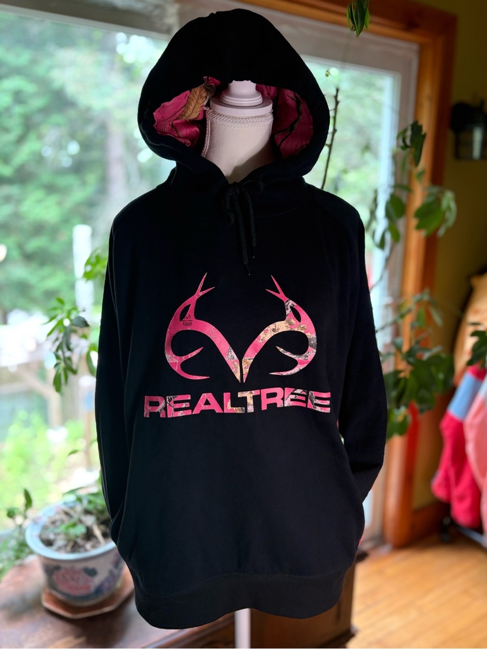Realtree Black Hoodie with Pink Camo Logo and Lined Hood